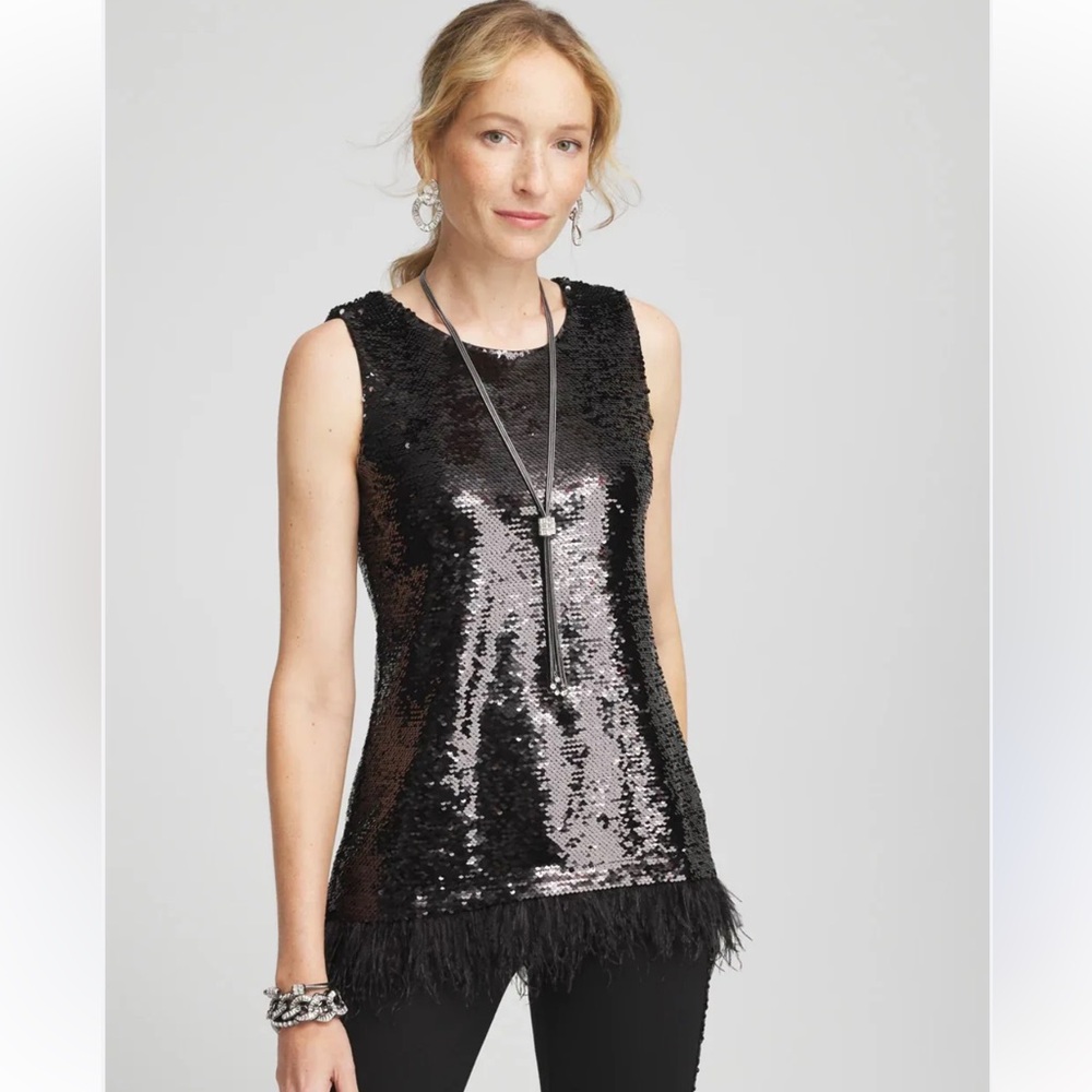 Chico's Black Faux Feather Sequin Tank Top Size 1/Medium